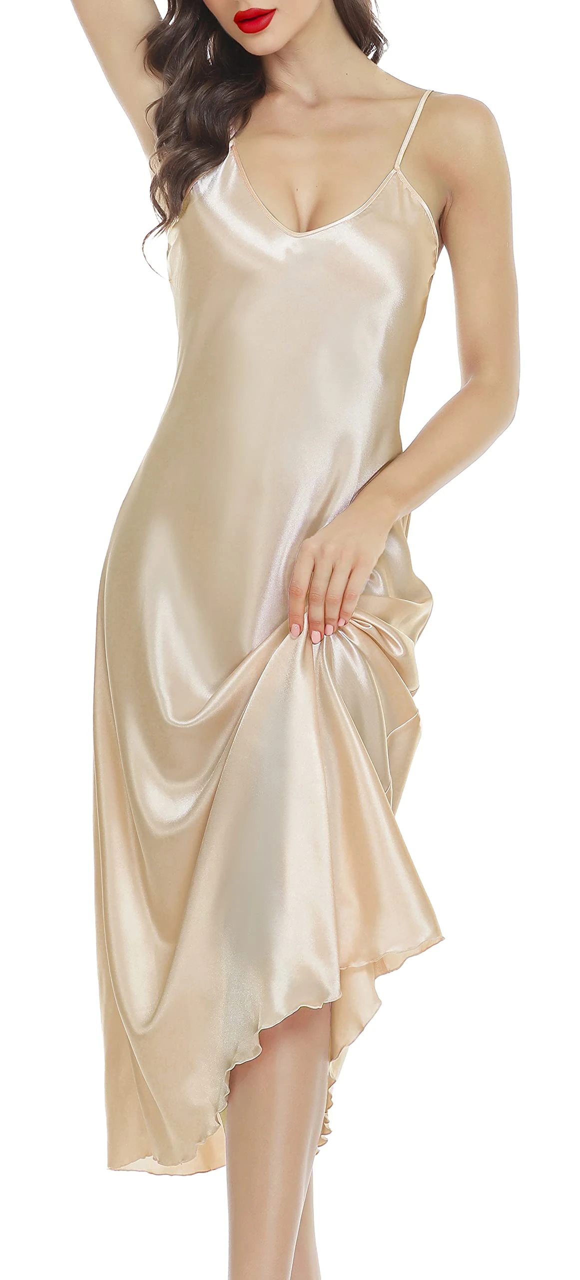 Lovasy Satin Nightdress for Women UK Long Negligees Strap Chemise Silk Nighties for Women V Neck Full Slips Sleepwear Nightwear,Champagne,XXL