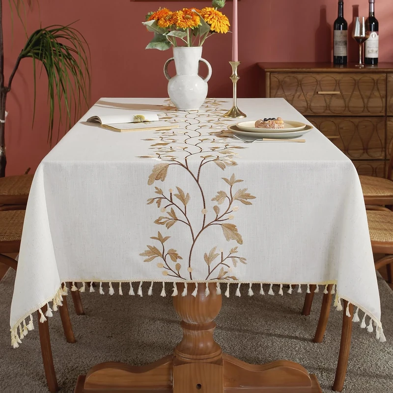 Laolitou Cotton Linen Waterproof Tablecloth for Dining Table Farmhouse Kitchen Rectangle Table Cloth Coffee Wrinkle Free Table Cover, Beige, Coffee Flower, 55x120 Inch