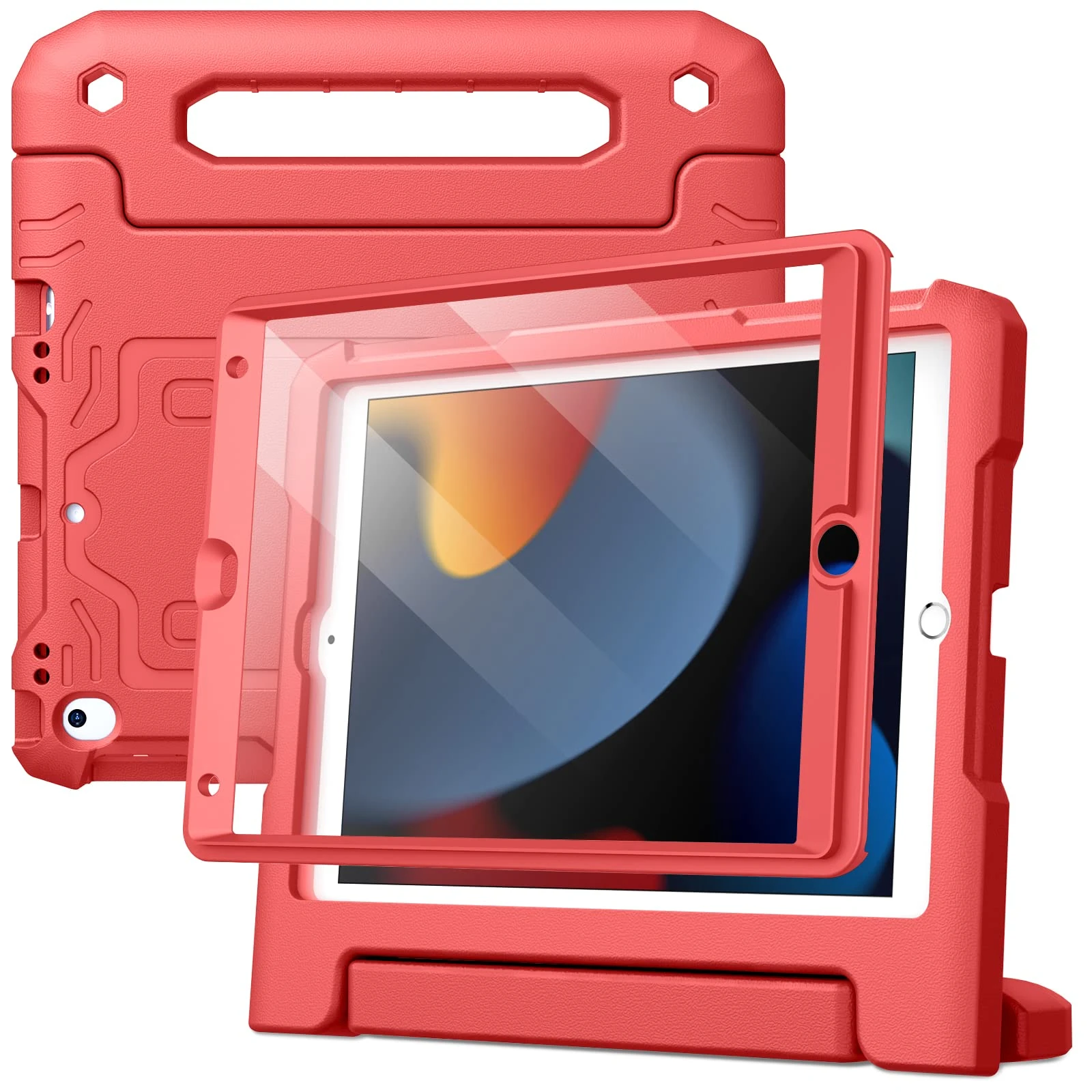 JETech Kids Case for iPad 10.2-Inch (9th/8th/7th Generation, 2021/2020/2019) with Built-in Screen Protector, Shockproof Full-Body Handle Stand Tablet Protective Cover (Red)