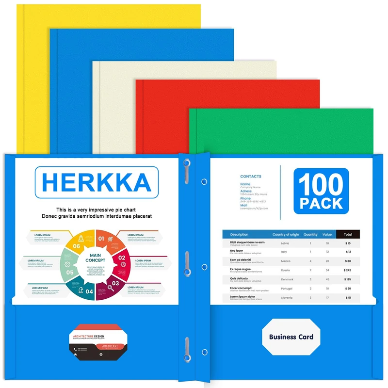 Two Pocket Folder, HERKKA 100 Pack 2 Pocket Folders with Prongs, Business Card Slots Letter Size Paper Folders Designed for Office and Classroom Use, Assorted 5 Colors