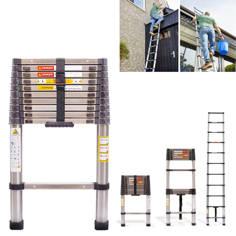 Telescopic Folding Ladder 3.2M/ 10.5FT Multi Purpose Collapsible Loft Ladders, Portable Stainless Steel Ladder Heavy Duty Sturdy Straight Ladders