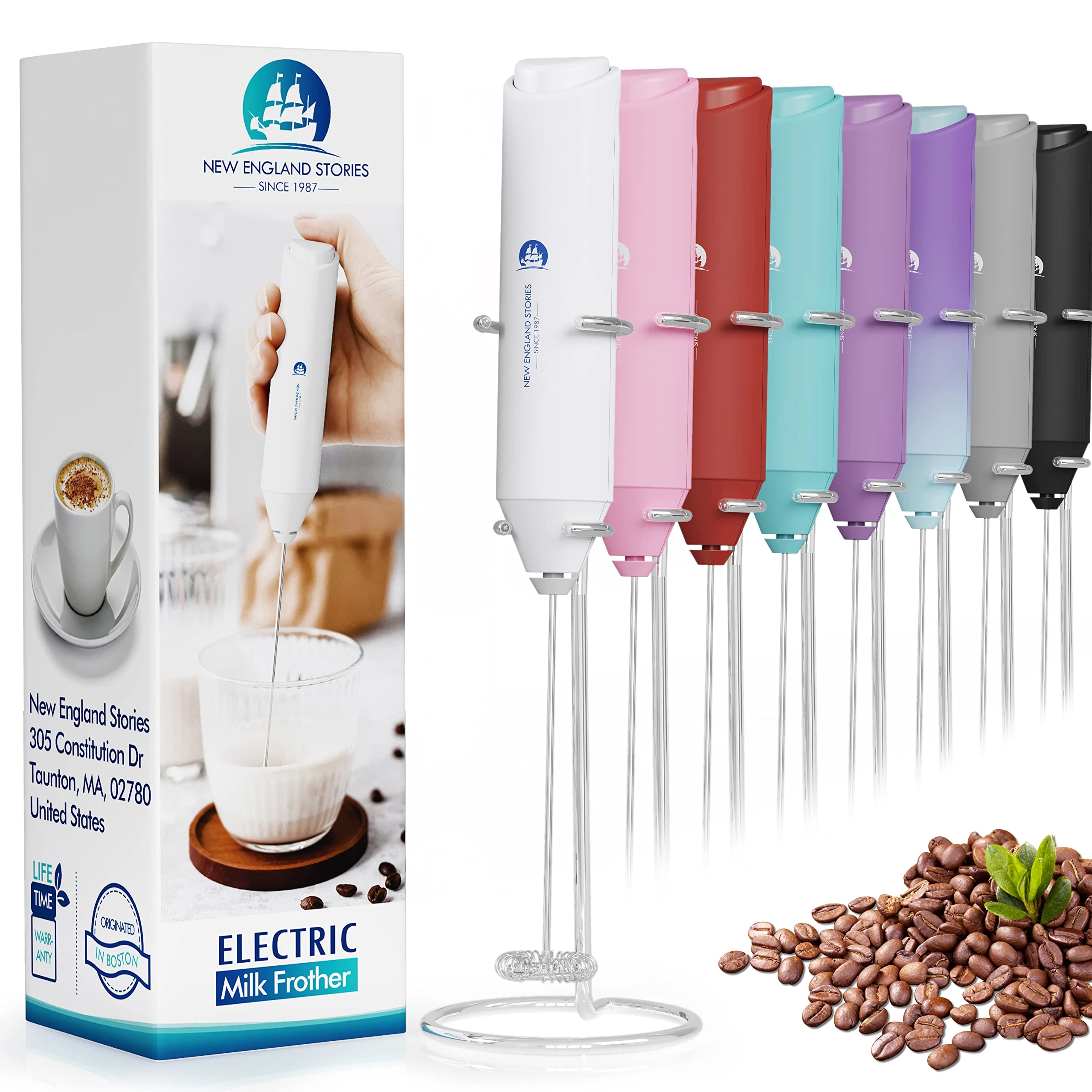 Electric Milk Frother Handheld, Battery Operated Whisk Beater Foam Maker for Coffee, Cappuccino, Latte, Matcha, Hot Chocolate, Mini Drink Mixer With Stainless Steel Stand - White
