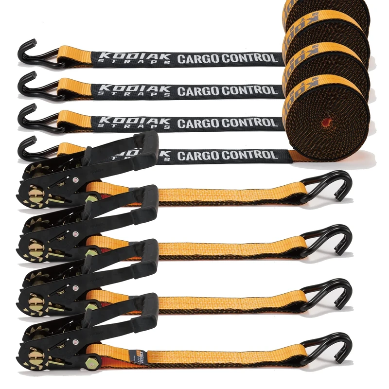 4 Pack 2" x 27' Ratchet Tie Down Straps with J Hooks, 3333 lbs Working Load Cargo Truck Strap Heavy Duty Perfect for Moving Appliances, Lawn Equipment and Motorcycles KODIAK STRAPS