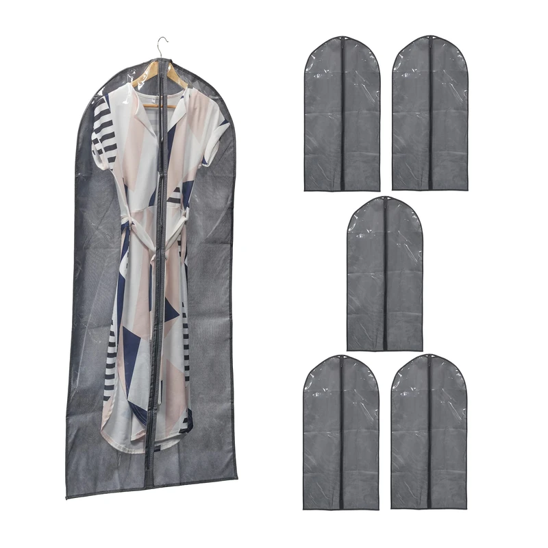 Relaxdays Clothes, Garment Bag, Set of 6, with Zip, 135 x 60 cm, XL, Fleece, Protective Cover, Grey/Transparent