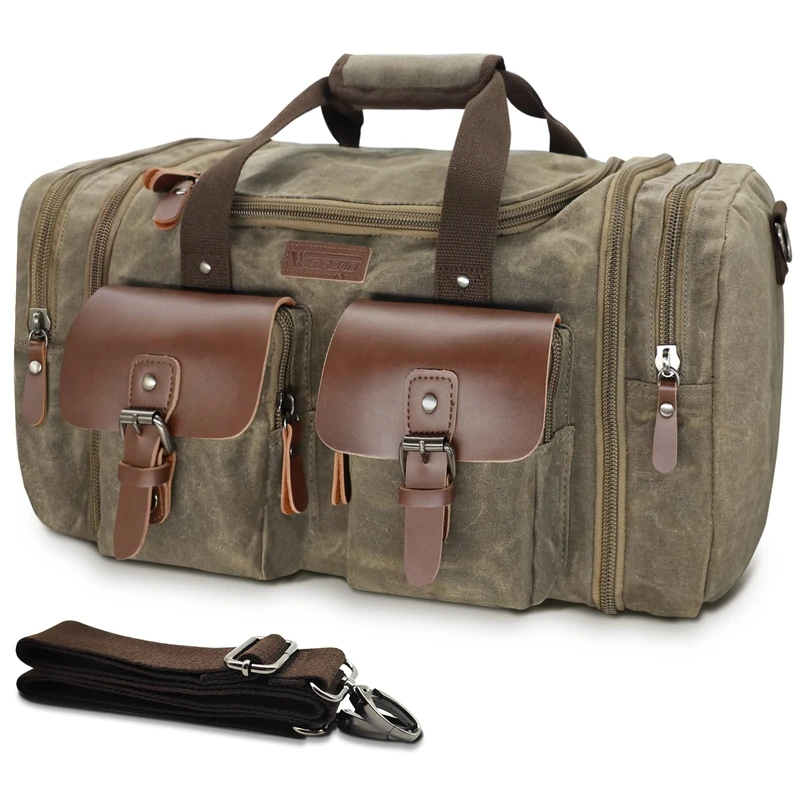 Wildroad 50L Travel Duffel Bag, Expandable Canvas Genuine Leather Duffle Bag Upgraded Overnight Weekender Bag Carry on Bag, Vintage Grey, Classic