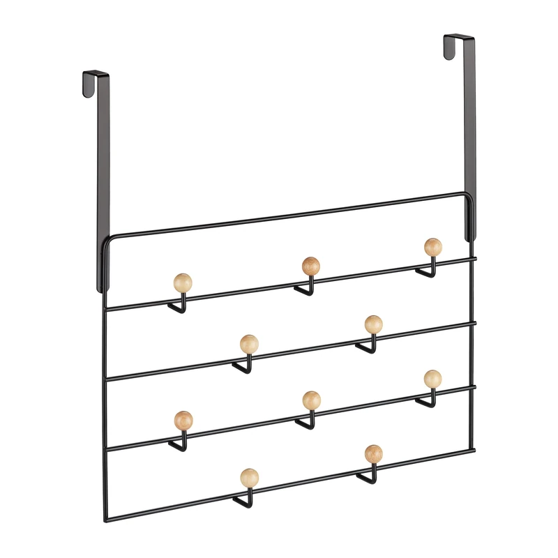 Relaxdays Coat Rack, 10 Hooks, Hanging, for 4 cm Doors, Hallway & Bedroom, Convenient Storage, Black/Natural, Wood, 47.5 x 46 x 9 cm