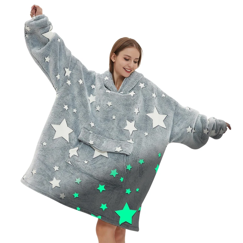 Glow in The Dark Wearable Blanket Hoodie for Adult Women Men,Oversized Sherpa Sweatshirt Wearable Blanket Hoodie with Giant Pocket,Super Warm Soft Flannel Hooded Blanket,Luminous Stars