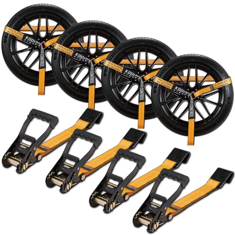 Ratchet Car Tie Down Tire Strap (4 PK) with Flat Hook for Trailers- 2 Inch x 12 Feet -Cut & Tore Resistant - Heavy Duty 3333lbs Working Load KODIAK STRAPS…