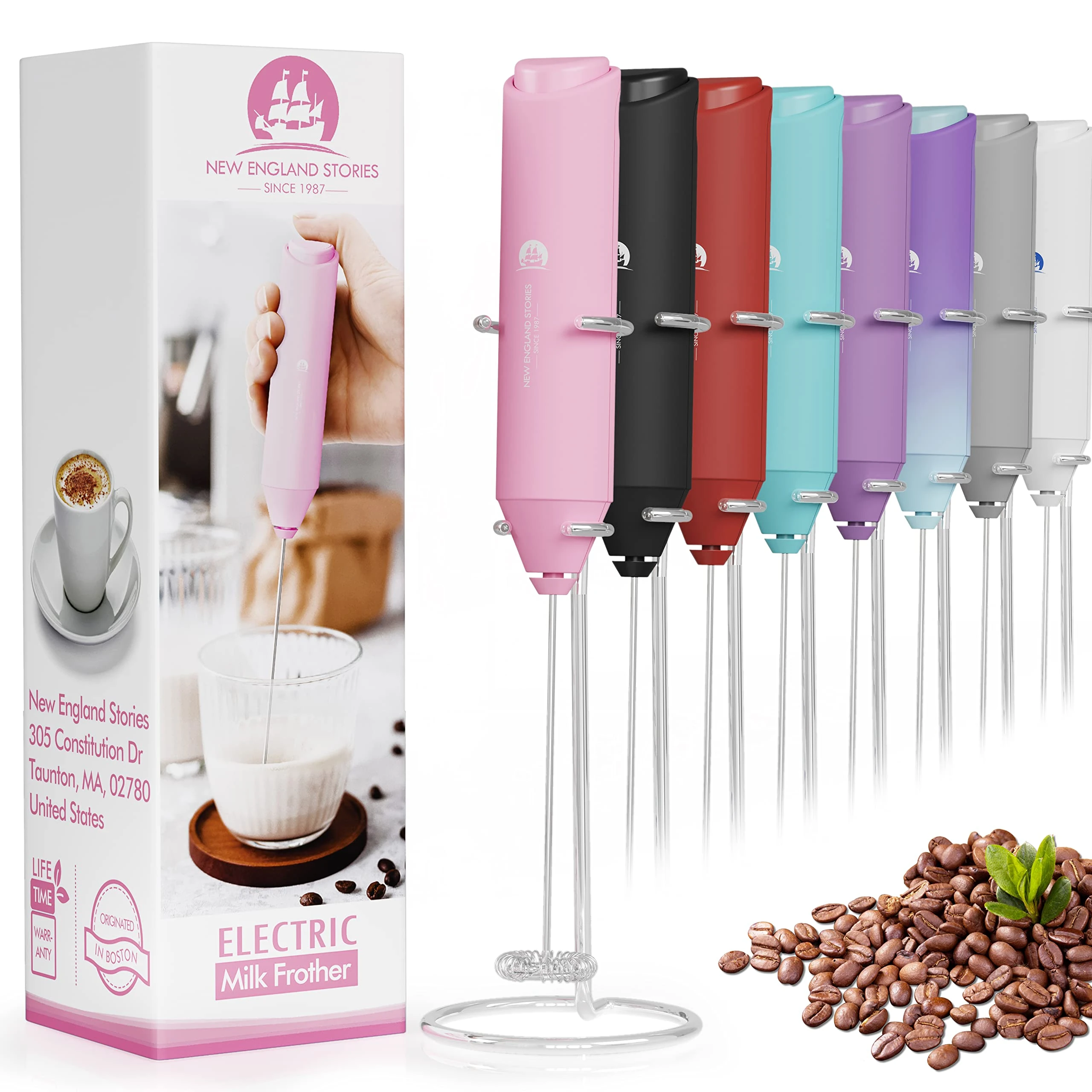 Powerful Milk Frother Handheld Foam Maker, Mini Whisk Drink Mixer for Coffee, Cappuccino, Latte, Matcha, Hot Chocolate, with Stand, Pink