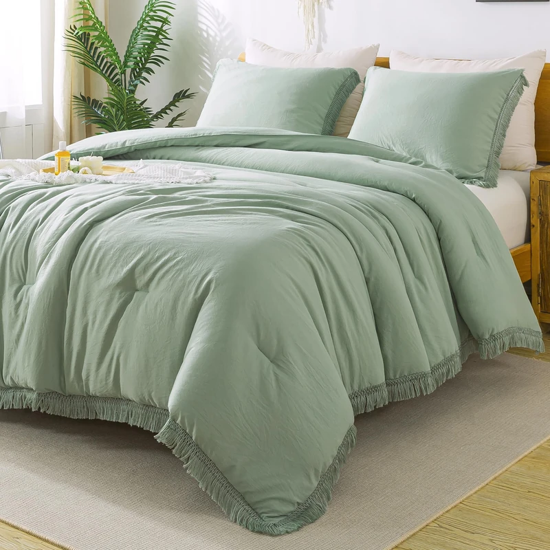 Andency Sage Green Tassel Comforter Set King(104x90Inch), 3 Pieces(1 Boho Comforter, 2 Pillowcases) Farmhouse Shabby Chic Comforter Set, Soft Microfiber Lightweight Fringe Bedding Comforter Set - Image 1
