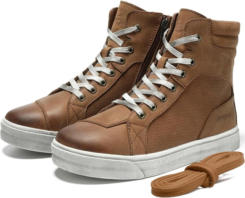 BORLENI Motorcycle Shoes Men's Summer Motorcycle Boots Men Casual Breathable Leather Motorcycle Sneaker Zip with Shift Pad Non-Slip Sole Brown 40-46, brown, 10.5 UK