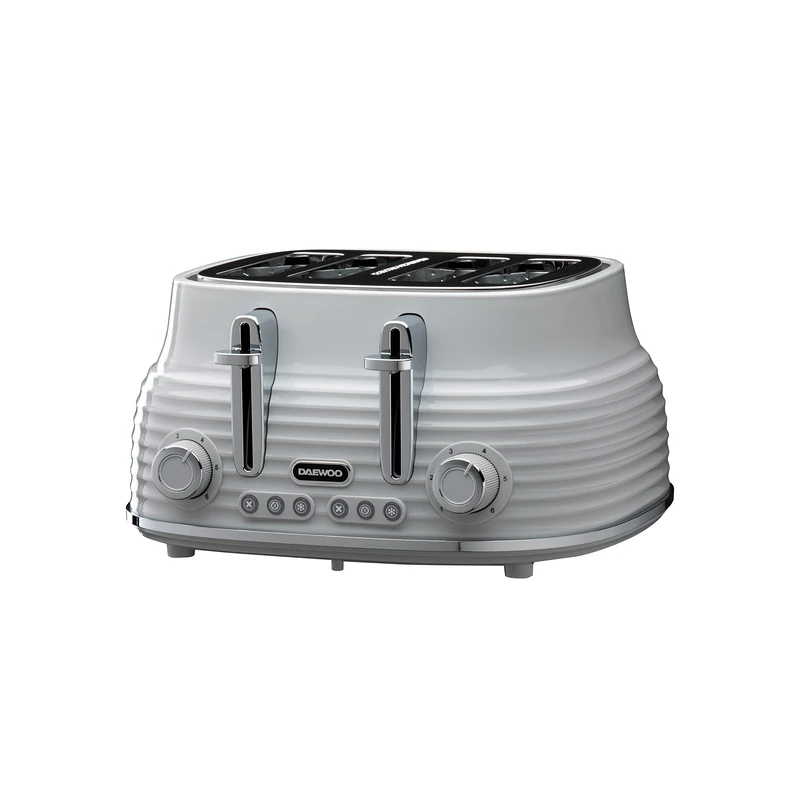 Daewoo Sienna 4 Slice Toaster, Wide Slots, 6 Browning Settings, Reheat, Defrost & Cancel Functions, Removable Crumb Tray, Stylish Grey Finish, Ideal for Family Kitchens