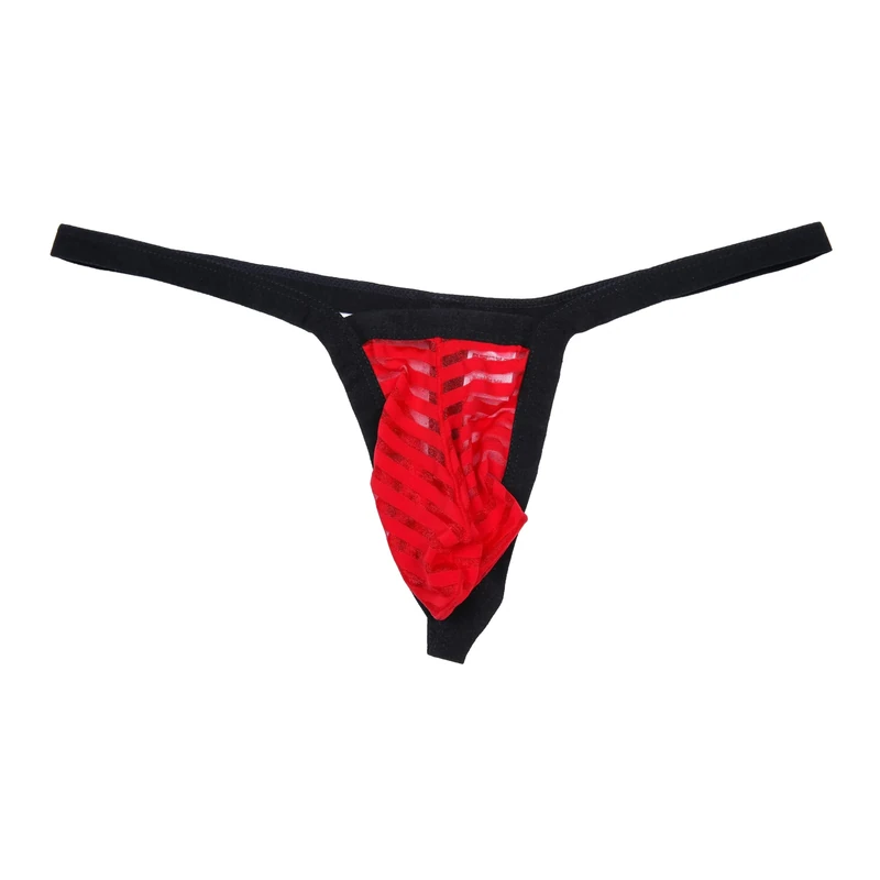 Drelaar Men's Striped Mesh Pouch G-trings Sexy Semi-Transparent Underwear T-Back Thongs Medium Red