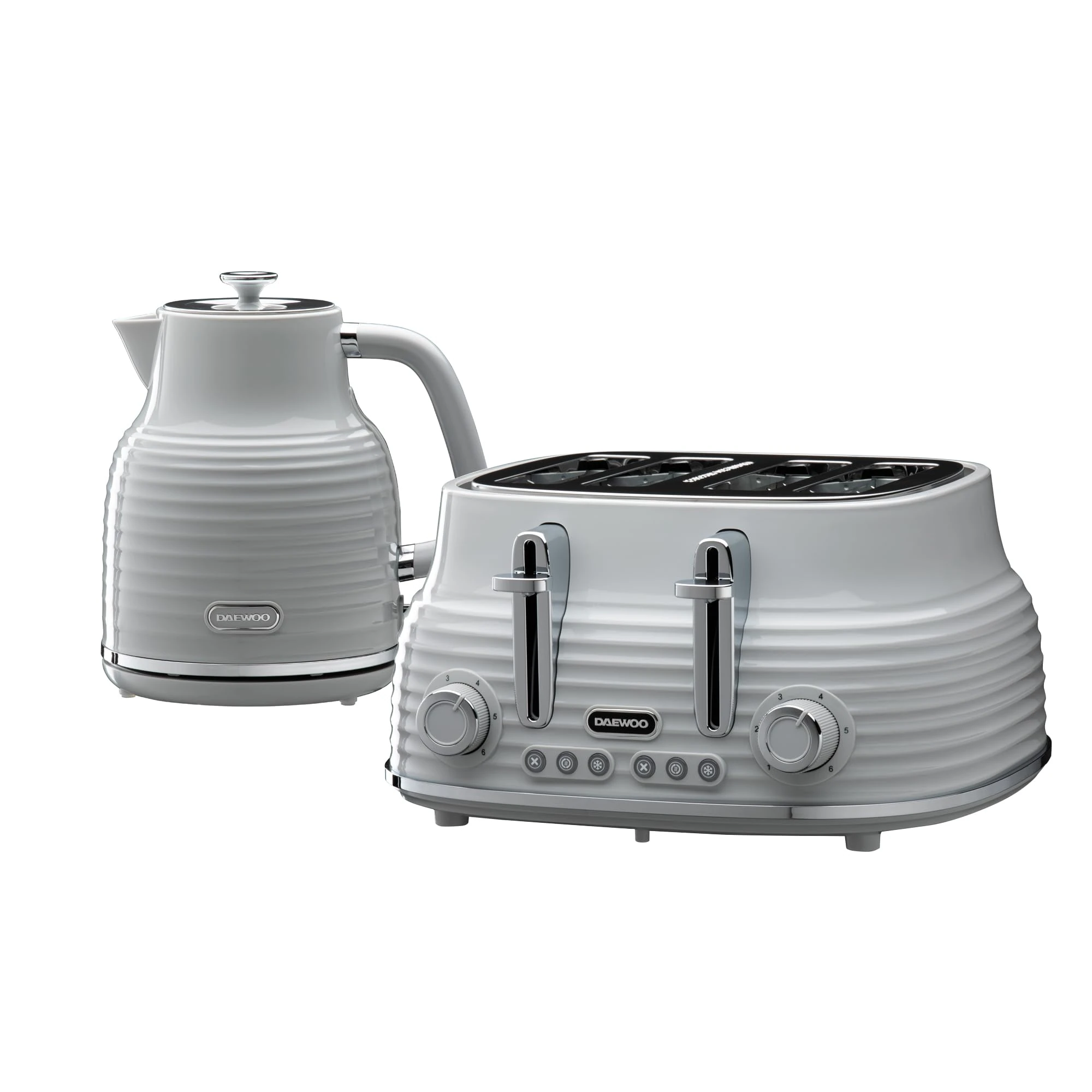 Daewoo Sienna Kettle and Toaster Set, 1.7L 3KW Rapid Boil Kettle & 4 Slice Wide Slot Toaster, Defrost, Reheat, Browning Control, Stylish Grey Breakfast Bundle