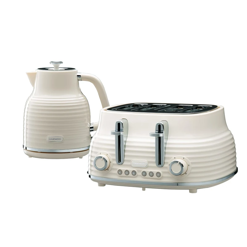 Daewoo Sienna Kettle and Toaster Set, 1.7L 3KW Rapid Boil Kettle & 4 Slice Wide Slot Toaster, Defrost, Reheat, Browning Control, Stylish Cream Breakfast Bundle