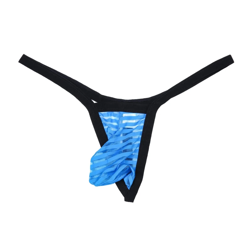 Drelaar Men's Striped Mesh Pouch G-trings Sexy Semi-Transparent Underwear T-Back Thongs Medium Blue