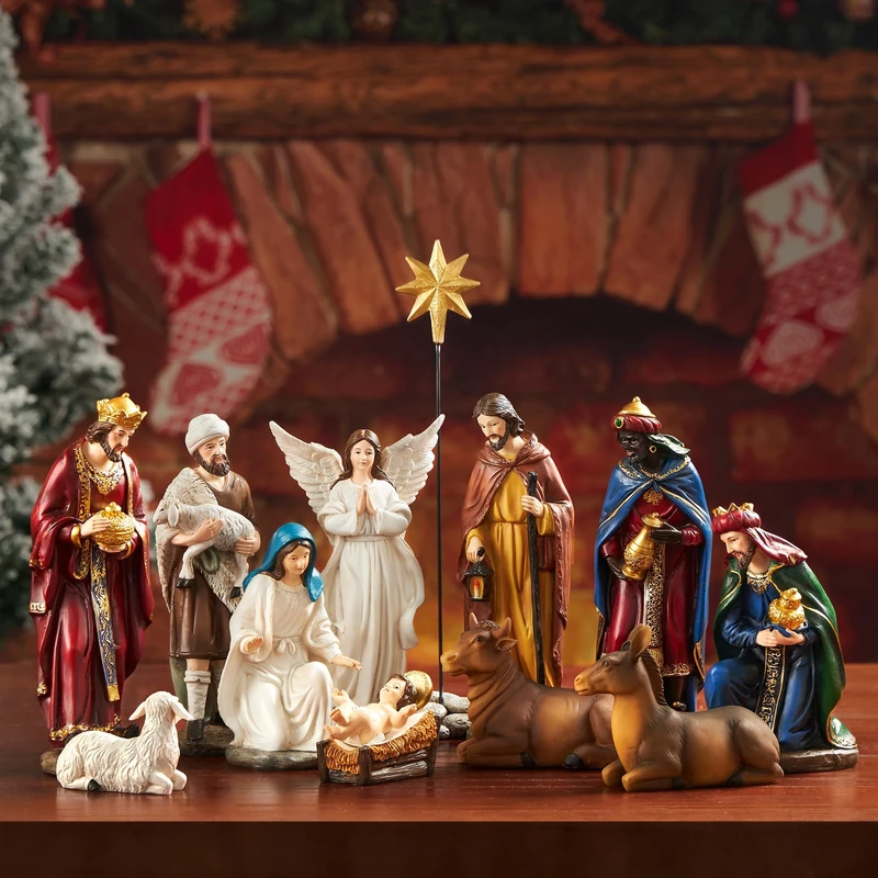 BESBLEE Nativity Sets for Christmas Indoor Set of 13 Pieces 7.9 Inches Tabletop Holidays Decor Nativity Scene Resin Figurines Set Religious Decorations Collection Gifts