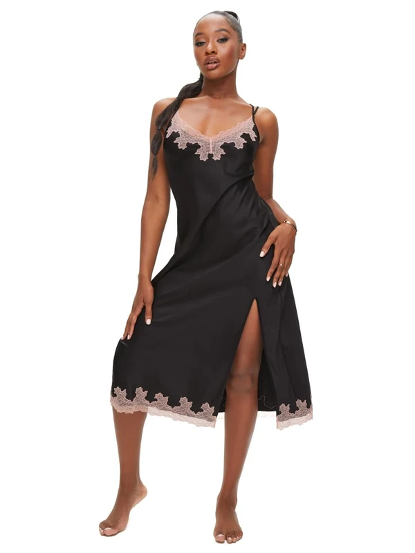Ann Summers Sorella Maxi Chemise Lace Trim Satin Nightdress with Side Split Ladies Long Nightdress with Adjustable Straps Chemise Nighties for Women, Flattering Womens Lingerie Dress Black