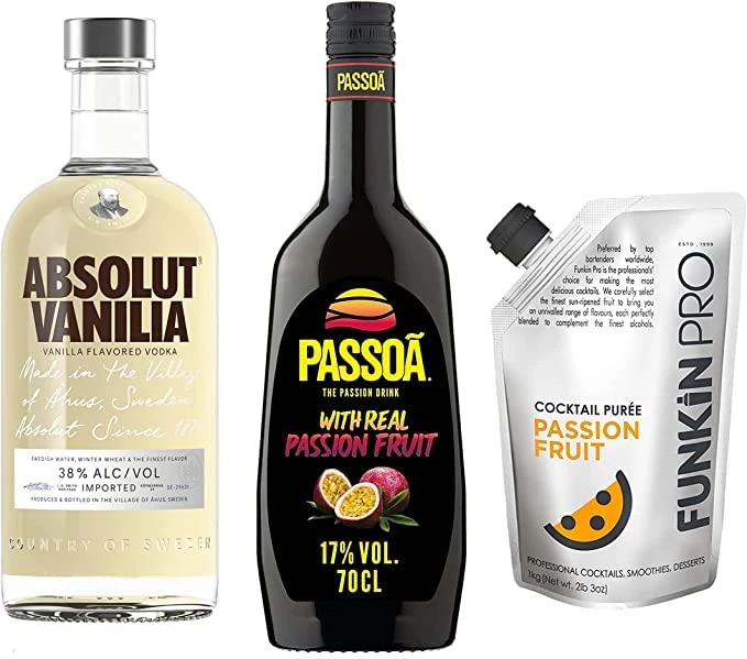 Absolut Vanilia Vodka 70cl, Passoã Passion Fruit Liqueur 70cl and Funkin Passion Fruit Purée 1kg – Pornstar Martini Cocktail Bundle