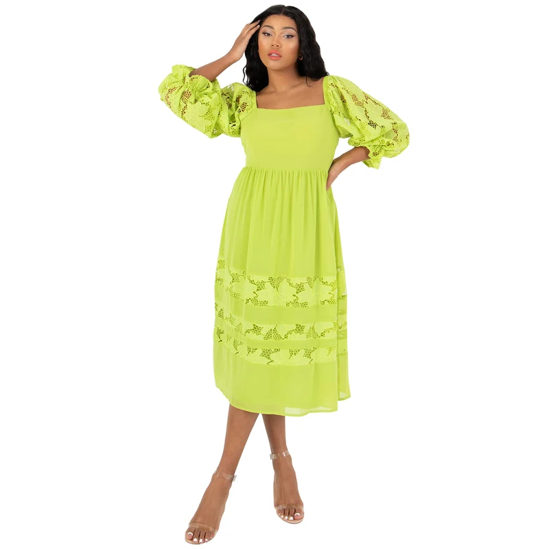 Lovedrobe Women's Ladies Summer Dress Plus Size Curve Midi Square Neck Lace 3/4 Sleeve Everyday Beach Party Wedding Guest Casual, Lime Green, 18