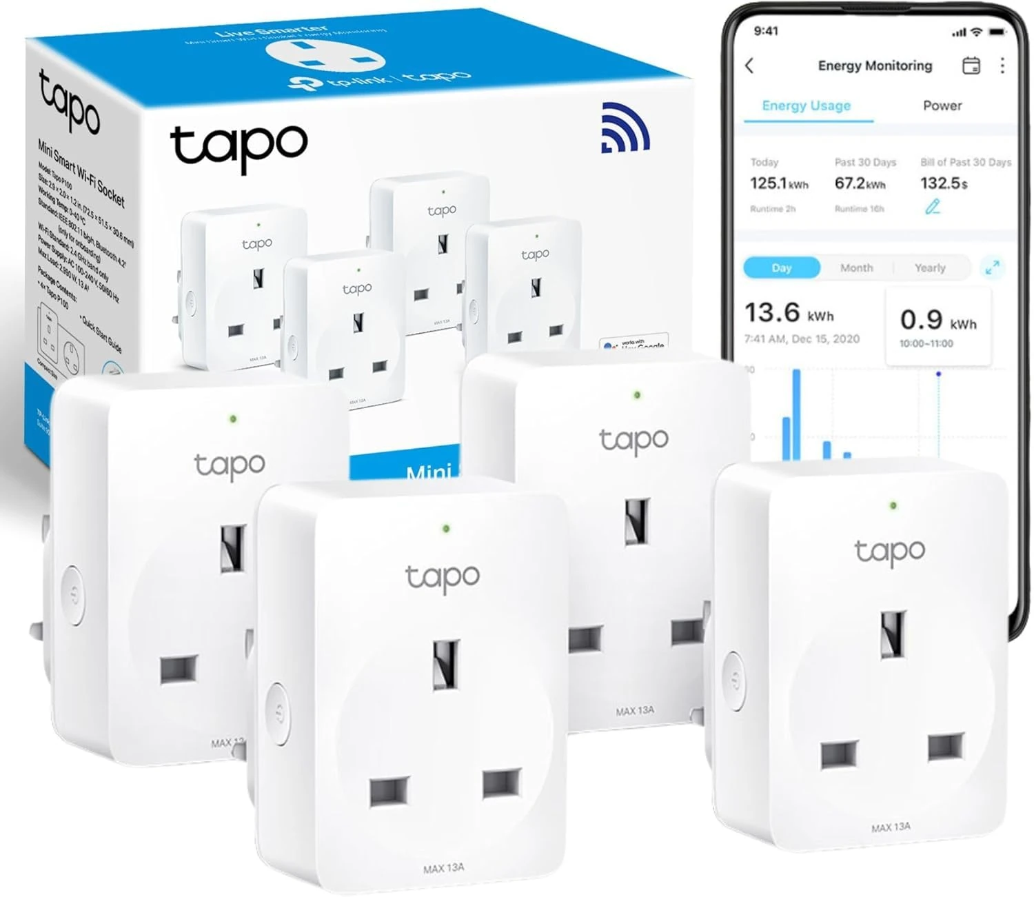Tapo P110 (4-Pack) Smart Plug with Energy Monitoring, Max 16A, Works with Alexa & Google Home, Remote Control, Device Sharing, Alexa Plug, Smart Plugs, No Hub Required, Compact Design, Voice Control