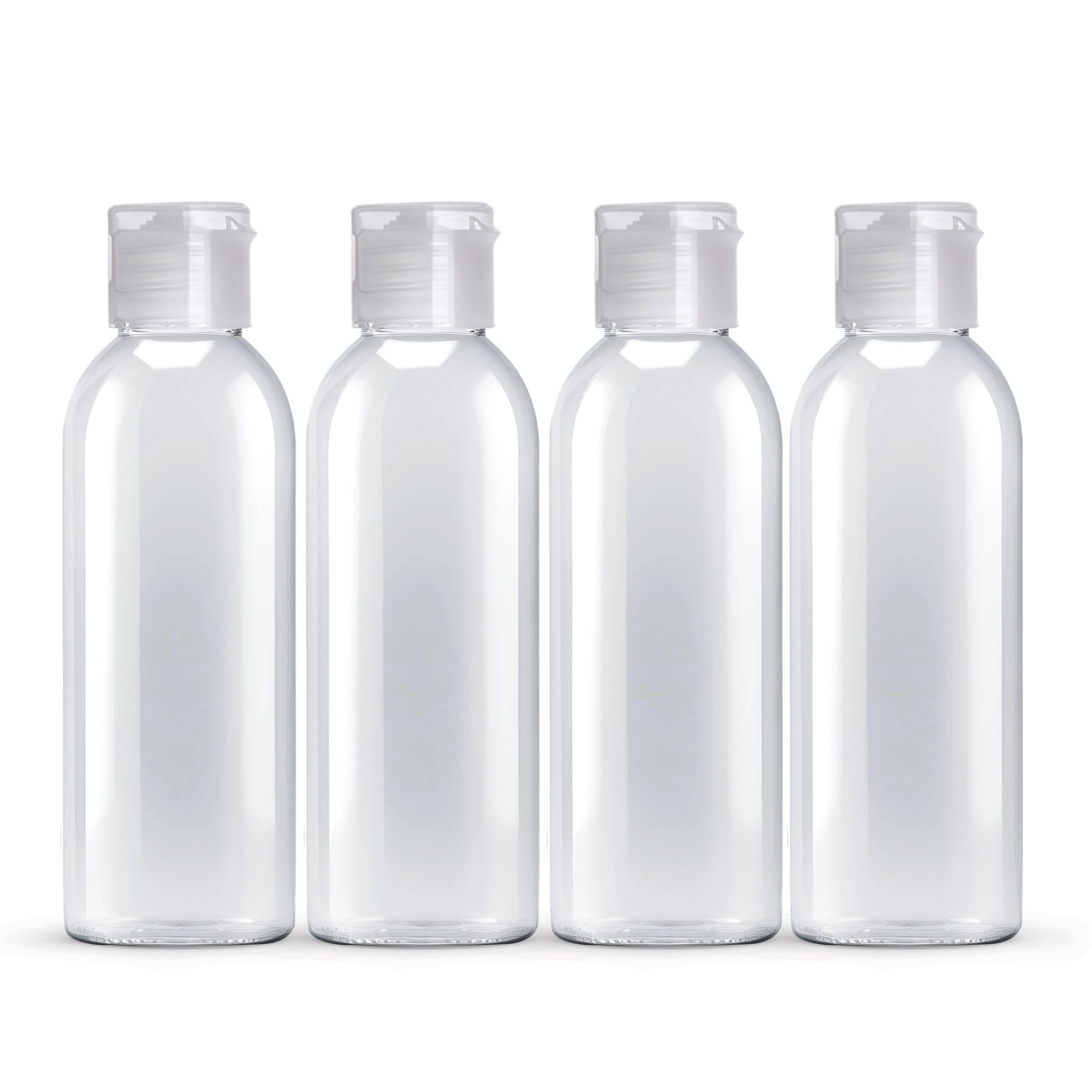 Palm Safe 4 pcs 100ml/3.5 OZ Clear Plastic Travel Bottles, Durable Strong Recyclable BPA Free Storage Bottles, Empty Refillable Containers with Flip Cap Leak Proof for Toiletries