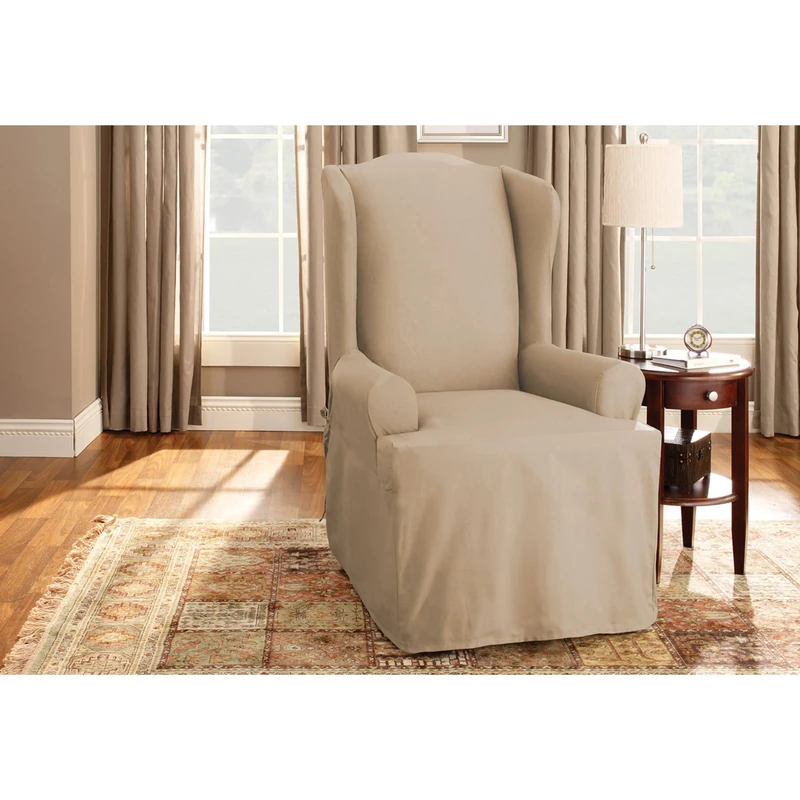 Surefit Cotton Duck Wingback Chair One Piece Slipcover, Chair Cover, Relaxed Woven Fit, 100% Cotton, Machine Washable, Tan