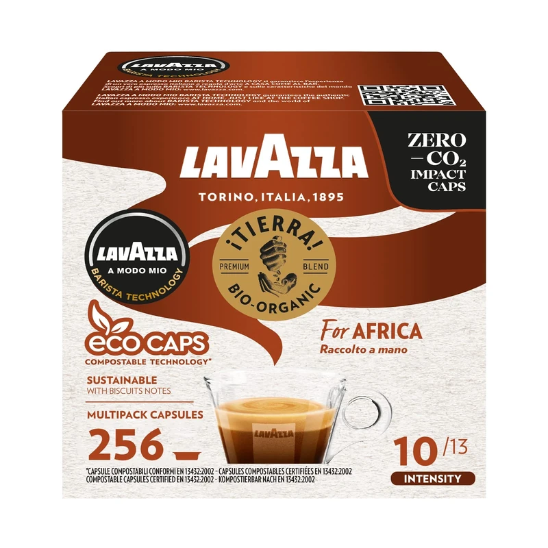 Lavazza A Modo Mio Tierra for Africa, 256 Coffee Capsules for an Espresso with Biscuit Notes, Arabica and Robusta, Intensity 10/13, Medium Roast, 16 Packs x 16 Capsules