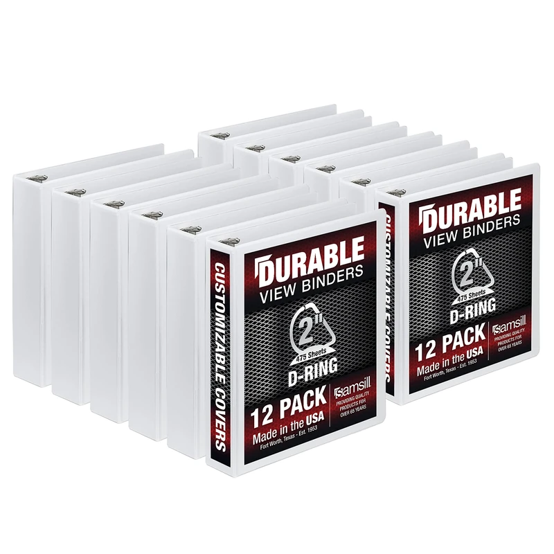 Samsill Durable 2 Inch Binder, Made in The USA, D Ring Binder, Customizable Clear View Binder, White, 12 Pack, Each Holds 475 Pages