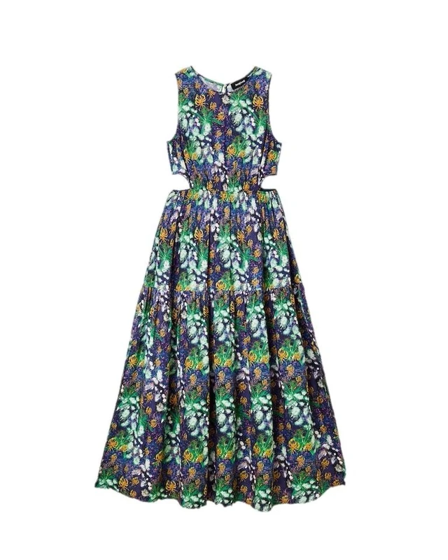 Desigual Pistilo Nature Floral Print Maxi Dress with Cutouts 23SWVW50 Blue