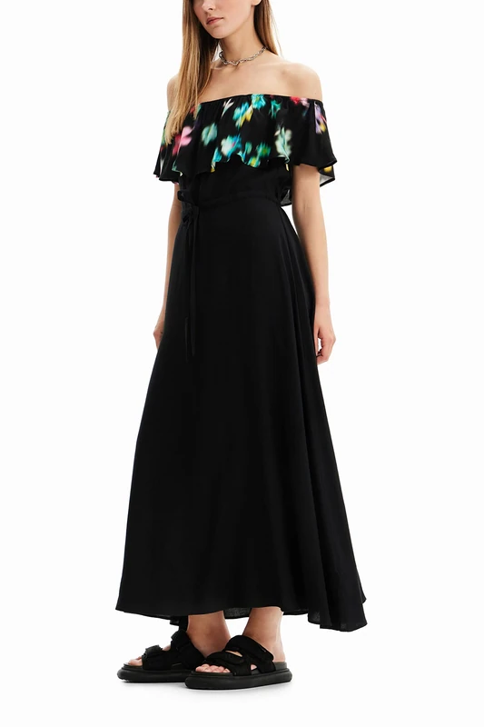 Desigual Susan Dress Black Off Shoulder Gypsy Maxi Dress with Blurry Pattern 23SWVW55