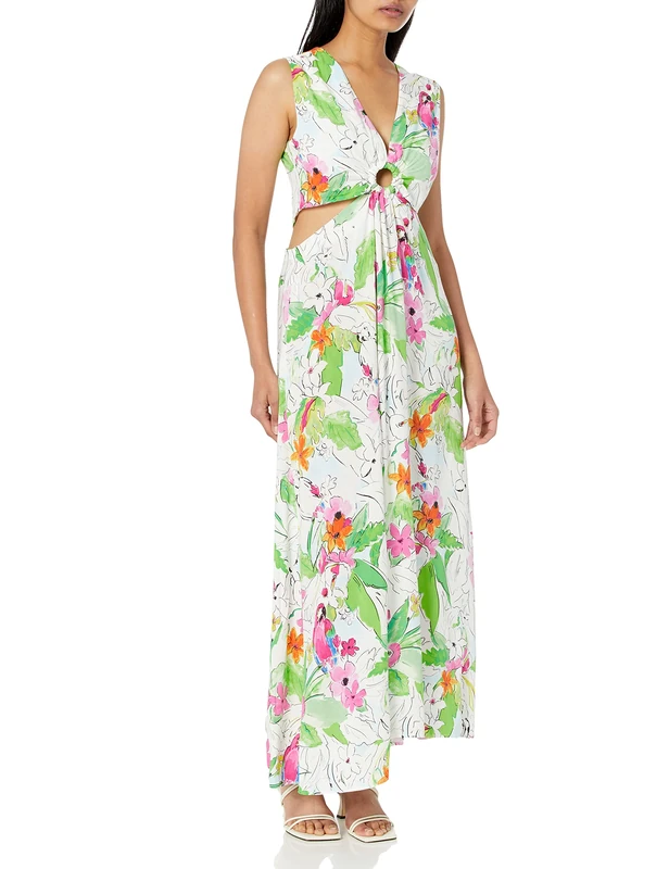 Desigual Praga Tropical Maxi Dress Red White with Cutouts 23SWVW73