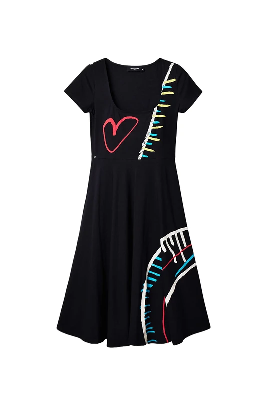 Desigual Lisa Black Flared Jersey Arty Drawing Dress 23SWVK12