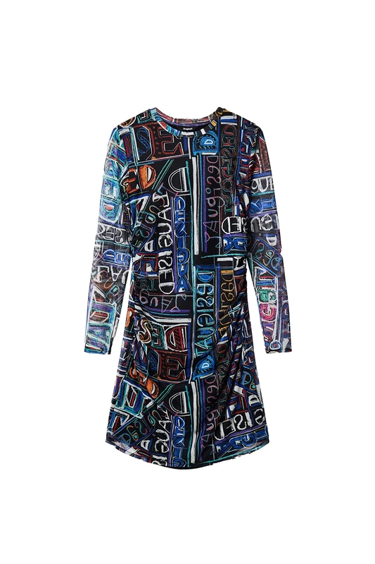 Desigual Lettering Bodycon Tulle Long Sleeved Writing Dress 23SWVK23 Black