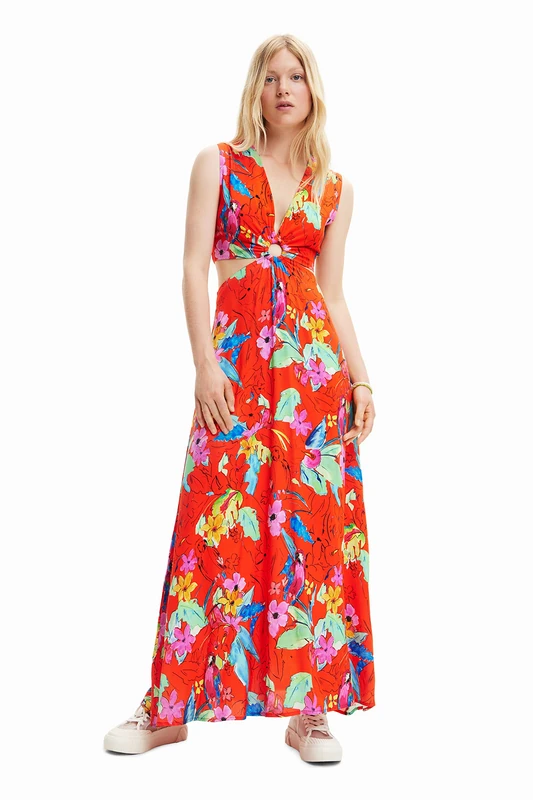 Desigual Praga Tropical Maxi Dress Red White with Cutouts 23SWVW73