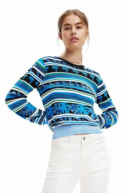 Desigual Rainforest Tropical Blue Knit Sweater 23SWJF27 5020 - Image 1