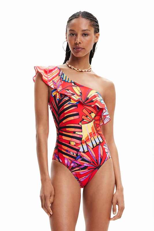 Desigual Medewi One Shoulder Frill Tropical Swimsuit 23SWMK12 Orange