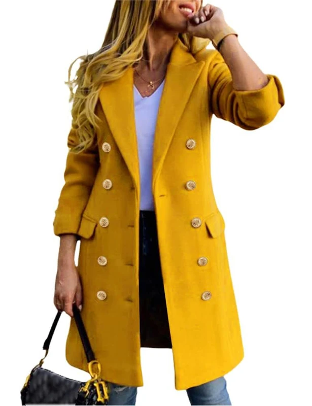 IDEALSANXUN Womens Fall Winter Wool Coats Double Breasted Midi Peacoat Trench Coats, Yellow, M