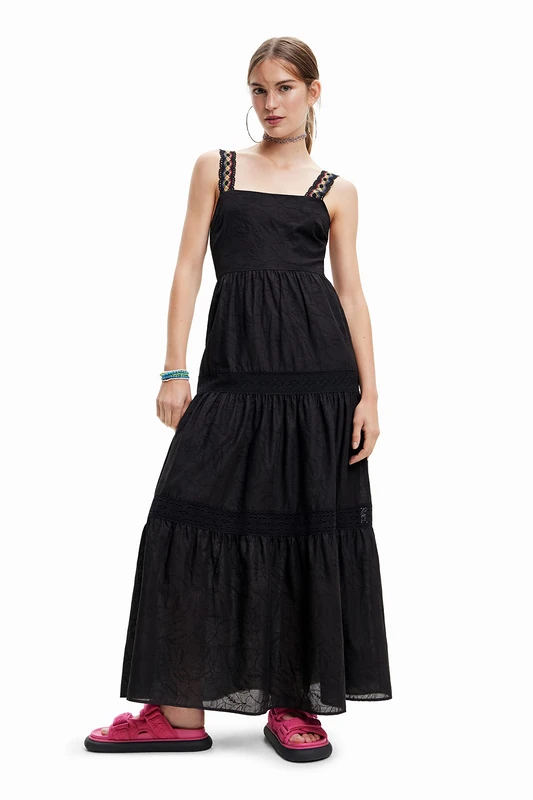 Desigual Karen Cotton Maxi Dress with Tiered Skirt 23SWVW66 Black White
