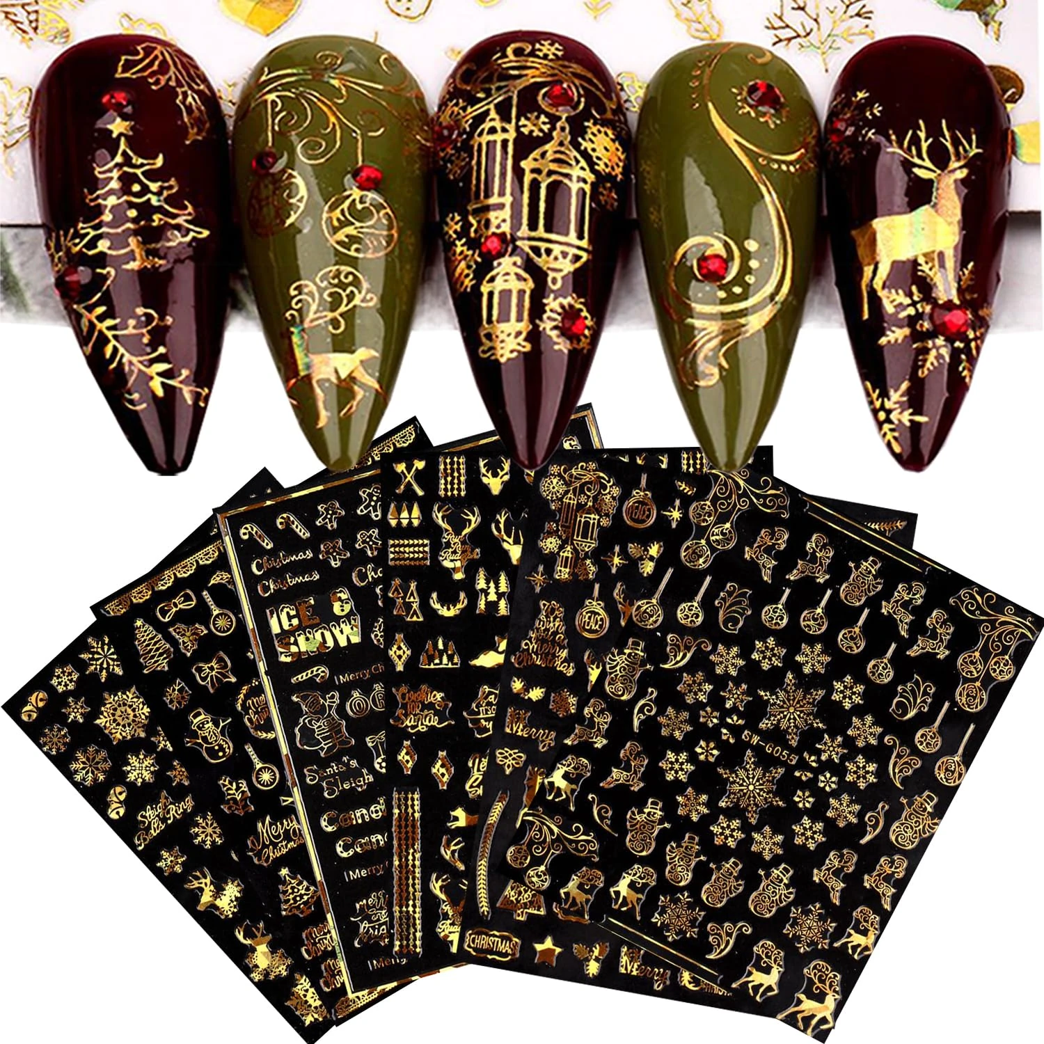 9 Sheets Christmas Nail Art Stickers Decals Self-Adhesive Gold Snowflakes Snowman Nail Supplies Nail Art Design Decoration Accessories