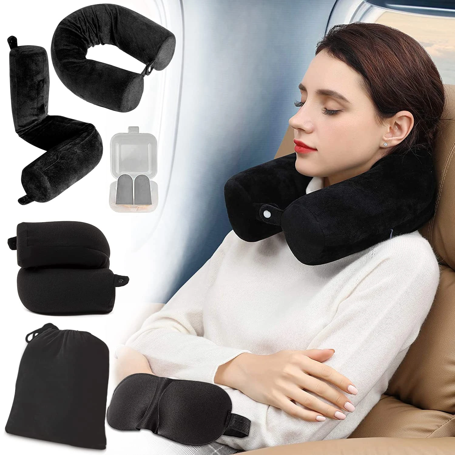 EPROICKS Twist Memory Foam Travel Pillow, Adjustable Travel Neck Pillow for Home Travel, Airplanes, Bus, Trains Chin, Lumbar Leg Support, Bendable Roll Pillow black