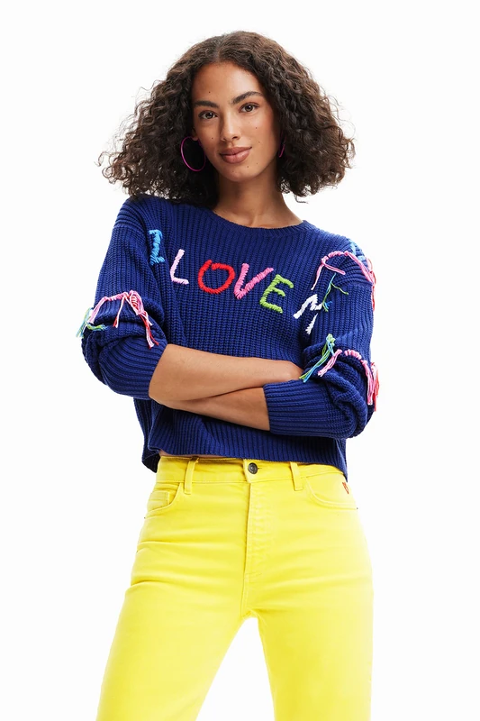 Desigual I Love Me Chunky Knit Slouchy Sweater Blue/Striped 23SWJF38