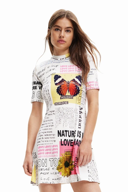 Desigual Newspaper Print White Bodycon Flared Dress 23SWVK46 1000