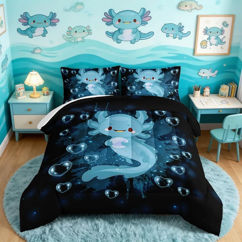 HOSIMA Axolotl Comforter Set Blue Axolotl Pattern Kawaii Bedding Set for Kids Bedroom Decor, Twin Bed Set for Girls with 2 Pillowcases.