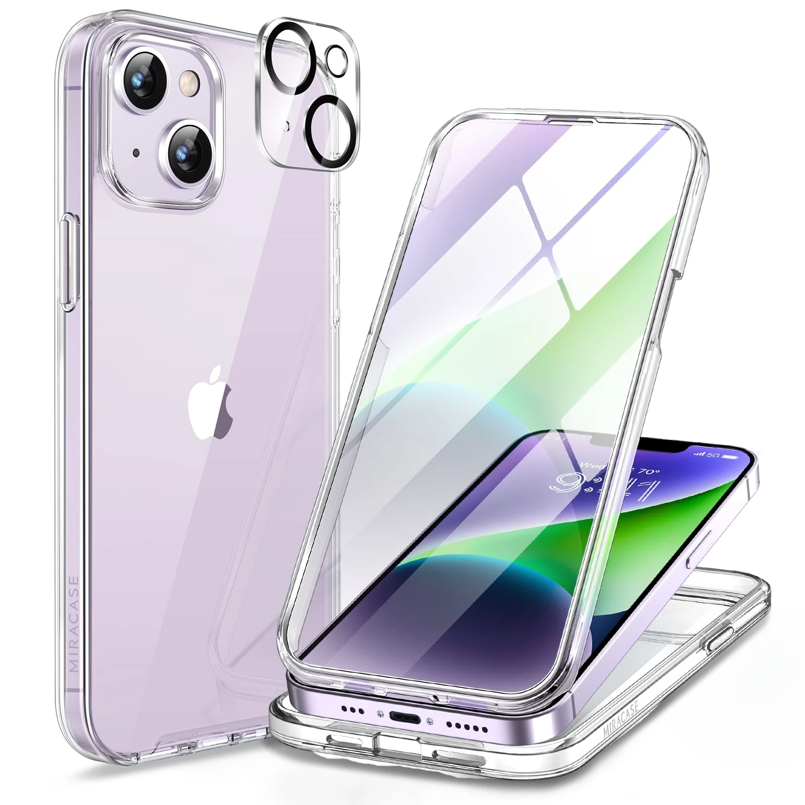 Miracase Compatible with iPhone 14 Case 6.1 inch, [Built-in Glass Screen Protector + Camera Lens Protector] Full Body Rubber Bumper Clear Back Case Cover (Clear)