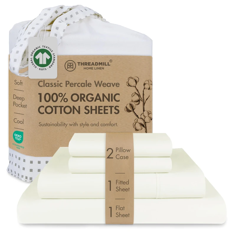 Threadmill 100% Organic Cotton Sheets - Queen, 4 Piece, Ivory - Certified by GOTS - Soft and Cooling Bedsheet Set with Reusable Bag, Snug Fit with 16" Deep Pocket - Ultra Light