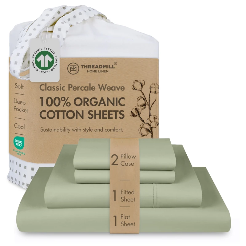 Threadmill Luxury Organic Cotton Sheets - GOTS Certified 4 Piece King Sage Green Percale Sheets Set, Breathable, Premium Sheet Set - Smooth & Cool Bedding Perfect Elastic Deep Pocket Fit