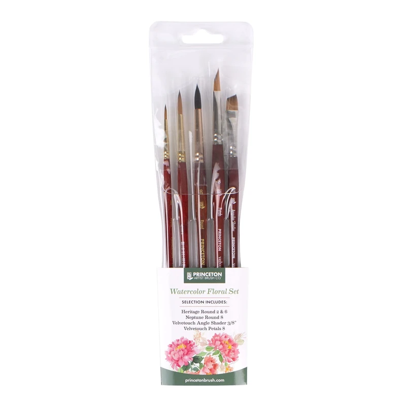 Princeton Watercolour Floral Set, 5 x Mixed Brushes, Watercolour, Short Handle, for Professionals & Students - Image 1