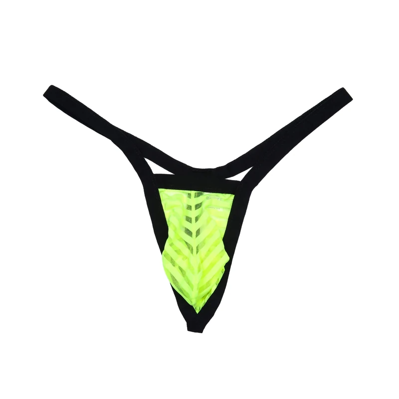 Drelaar Men's Striped Mesh Pouch G-trings Sexy Semi-Transparent Underwear T-Back Thongs Medium Yellow