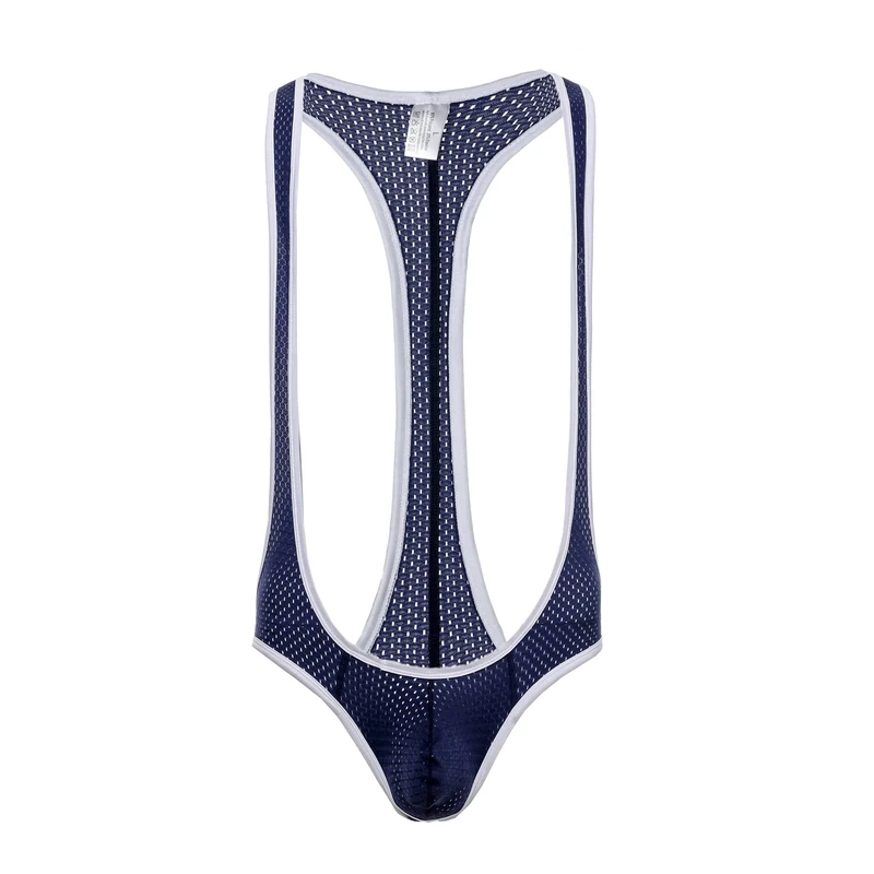 Drelaar Men's One-Piece Jockstrap Suspender Leotard Sexy Underwear Wrestling Singlet Breathable Bodysuit Large Navy